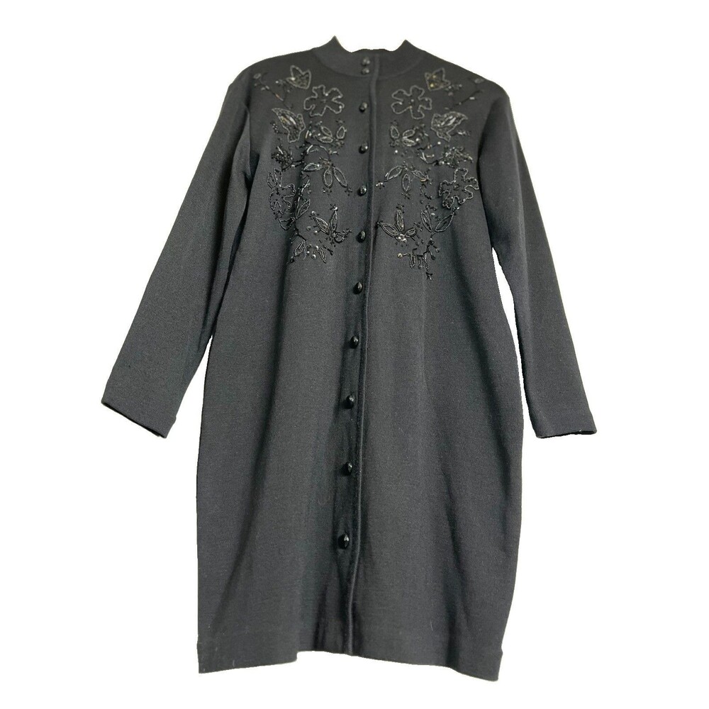 Vtg Liz Claiborne Beaded Sweater Dress L Petite Black Wool Blend Cardigan Midi